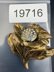 Vintage Brass Tone Flower Brooch Pin Rhinestone Gold Tone
