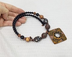 Vintage Tribal Back & Brown Beaded Neck Ring with Enameled Copper Square Pendant