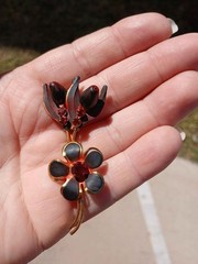 Vintage Austria Floral Brooch Black Red Enamel Rhinestone Gold Tone