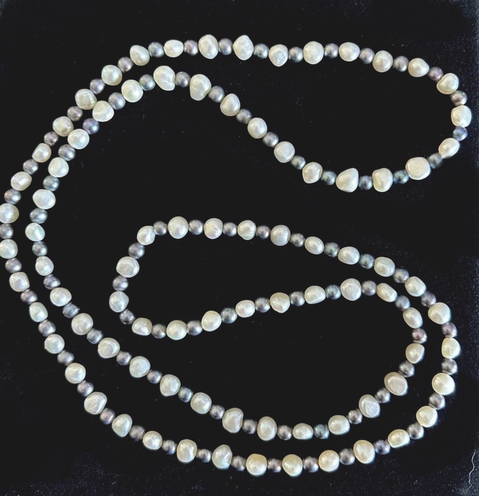 Vintage Faux Pearl Necklace 34” Gray White Baroque Irregular Opera Boho