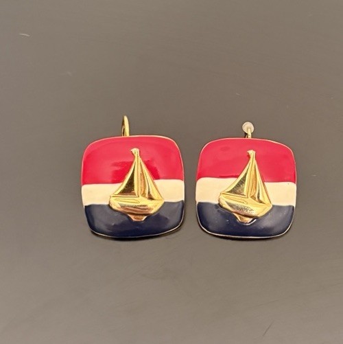 VTG SAILBOAT ENAMEL Nautical Pierced Earrings Red White Blue Cape Cod Cruise