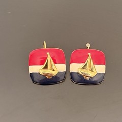 VTG SAILBOAT ENAMEL Nautical Pierced Earrings Red White Blue Cape Cod Cruise