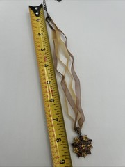 1928 Brand NECKLACE Bronze Colored Metal With Brown & Yellow Stones Sheer Ribbon