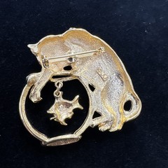 Vintage JJ Black And Gold Tone Cat Brooch. Fish In The Bowl.