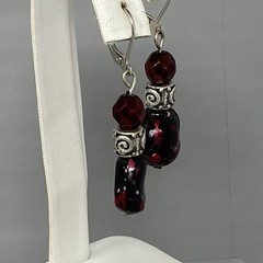 Beaded Dangle Drop Earrings Garnet Color Silver Tone Leverback Acrylic Pierced