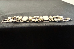 VTG D&E JULIANA Silver Tn WHITE MILK GLASS SMOKE RHINESTONE 5 Link Bracelet 7″ L