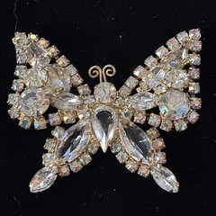 Signed Kramer Rhinestone Butterfly Brooch Clear & AB Gold Tone Vintage 1950s
