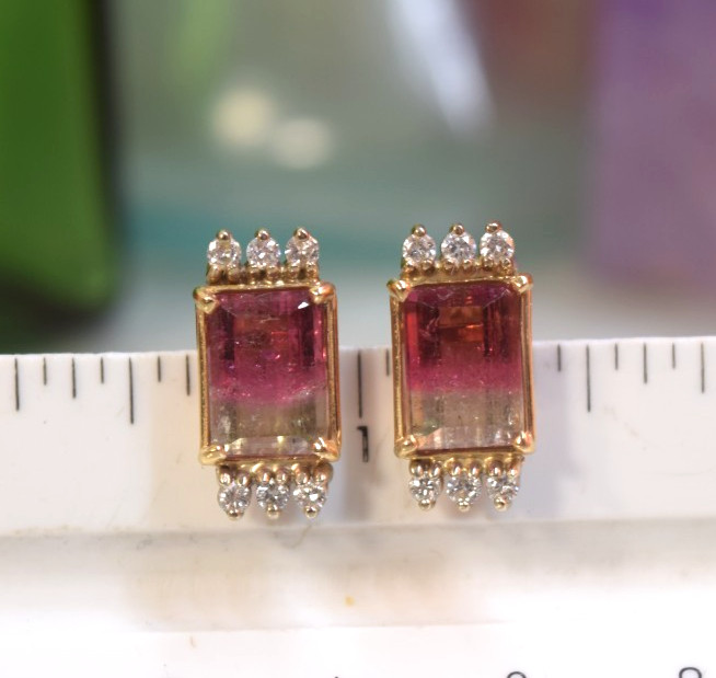 Vintage 14K Gold 5.50 ct Watermelon Tourmaline Diamond Earrings