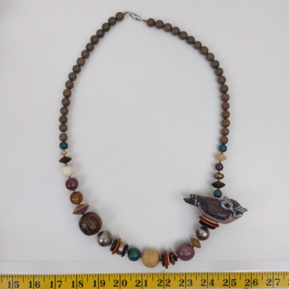 Handmade Resin Owl Beaded Necklace Earth Tone Artisan Statement Jewelry Boho