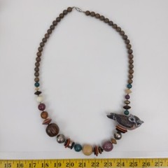 Handmade Resin Owl Beaded Necklace Earth Tone Artisan Statement Jewelry Boho