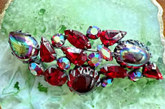 VTG. REGENCY RED & AURORA BOREALIS CABOCHON and RHINESTONE BROOCH & EARRING SET