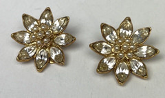 Vintage Gold Plated Crystal Clear Rhinestones Flower Design w/faux pearl center
