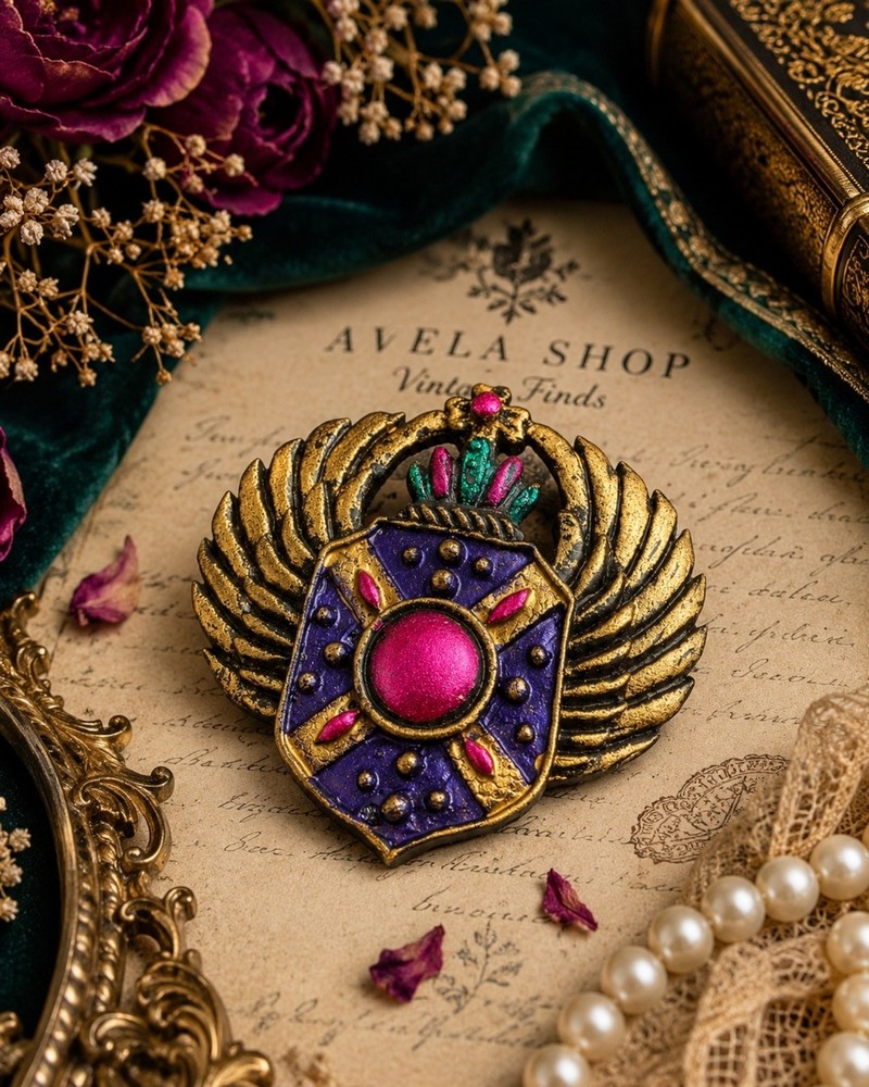 Vintage 1980s Egyptian Revival Winged Shield Brooch – Bold Purple Pink Enamel