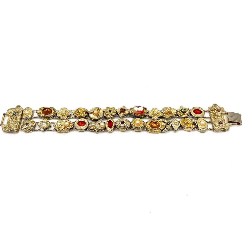 Vtg Estate Double Row Slide Charm Bracelet Goldette Victorian Revival Gold Tone