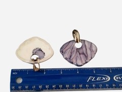 Purple Iridescent Glazed White Ceramic Shell Fan Pierced Earrings Vtg