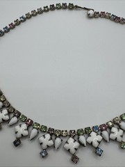 White Milk Glass Rhinestone Pastel Pink Green Blue Yellow Necklace