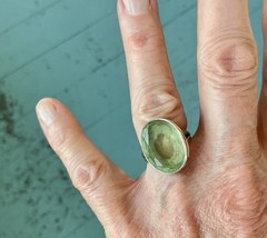 VINTAGE FACETED OVAL PREHNITE STERLING RING-SIZE 6