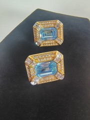 Vtg Emerald Cut Statement Earrings Aqua Blue Gold Tone