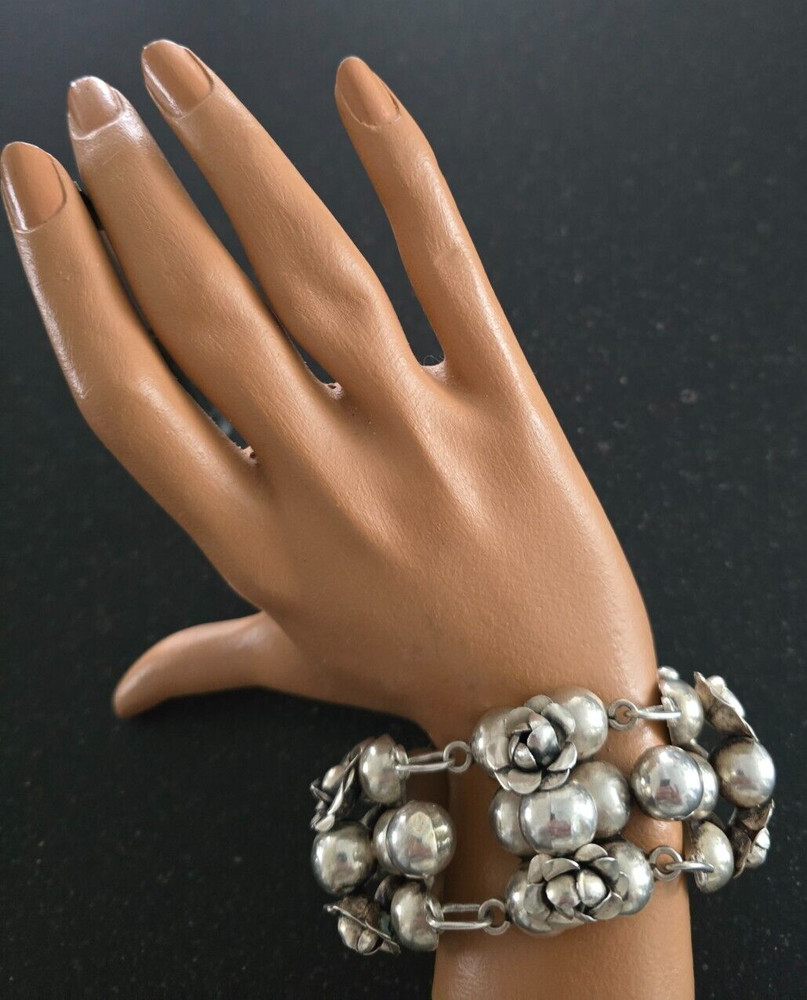 Spectacular Vintage Mexican Sterling Silver Bracelet, Flower Blossoms, WOW!