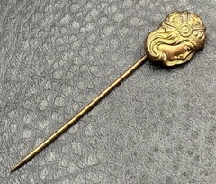 Vintage Art Nouveau Lady Face Stick Pin Gold Tone Brass Antique Victorian Era