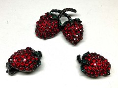 Signed WEISS Gunmetal Red Rhinestone Strawberry Brooch Pin Clip Earrings Set