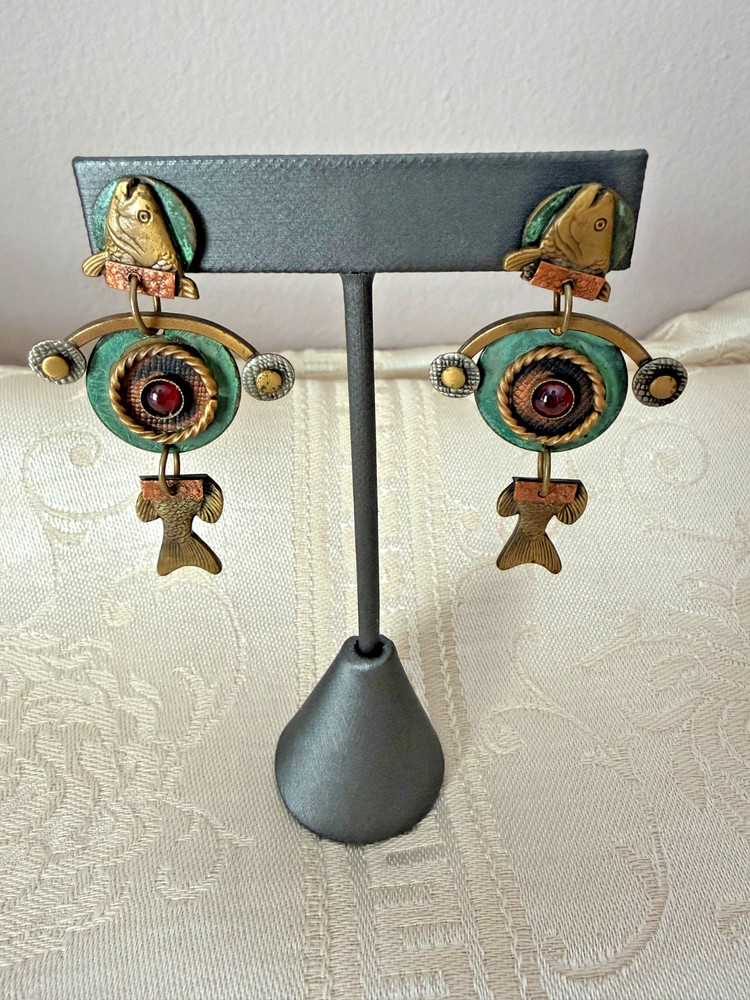 Vtg Mixed Metal Pierced Earrings ARTISAN Dangle Drop Fish ~ Marjorie Bear Style