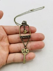 Vintage Bronze Tone Lovebird in Gilded Cage Dove Heart Lock Key 18 in Necklace