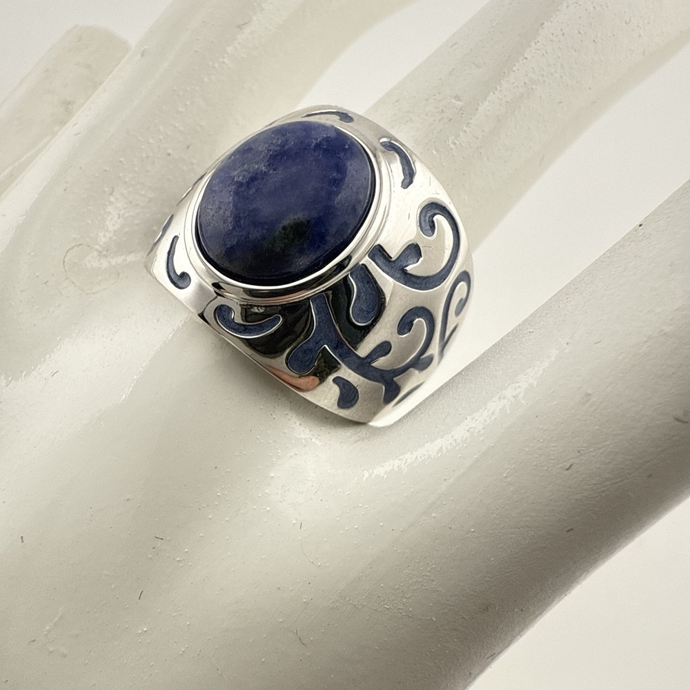 JTV Sterling Silver Ring Blue Stone Enamel Inlay Cabochon size 8 Swirl Designer