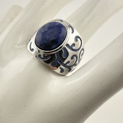 JTV Sterling Silver Ring Blue Stone Enamel Inlay Cabochon size 8 Swirl Designer