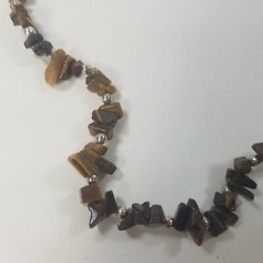 Beaded Necklace Vtg Brown Natural Stone Chips Silver Tone 19.5″