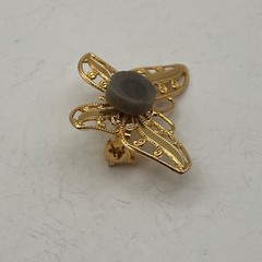 Vtg Petoskey Stone Butterfly Brooch Filigree Gold Tone Pin Box Michigan Fossil