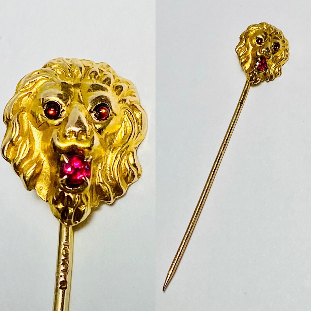 Antique 10K Yellow Gold Lion Head 2.25″ Hat Stick Pin 1.52g
