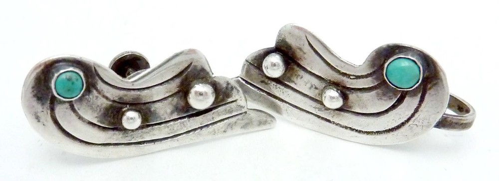 Vintage 1930s Taxco Mexico Mexican Sterling Silver Turquoise Wing Earrings 27553