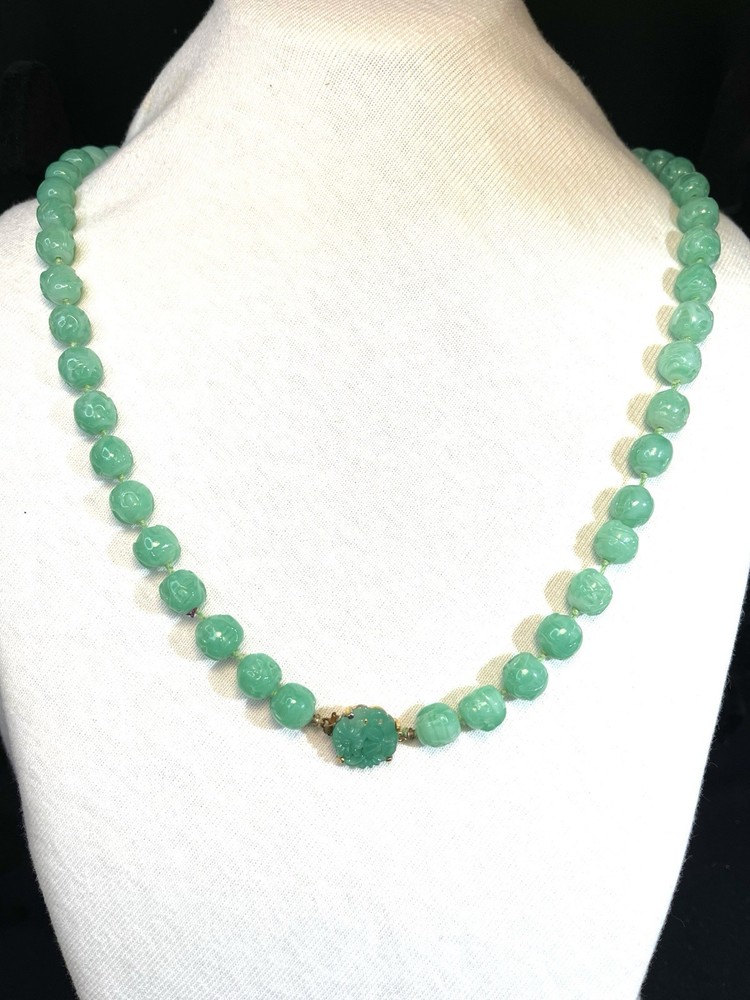 Newhouse..Molded Glass Faux Jade Necklace..25”..pretty flowered Clasp