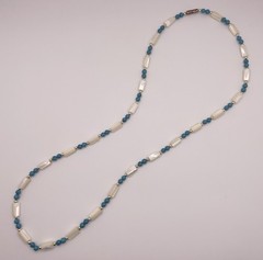 Mother of Pearl Blue Natural Stone and Plastic Gold Tone Beaded Barrel Necklace
