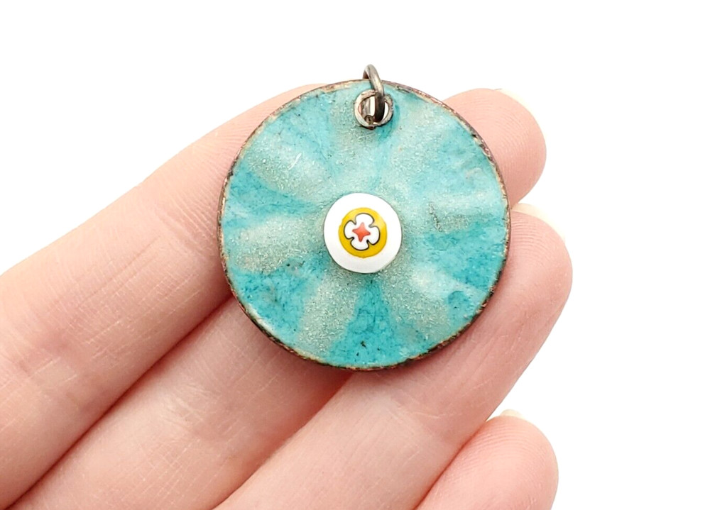 Vintage Colorful Enamel on Copper Double Sided Floral Blue Teal 1970s Pendant