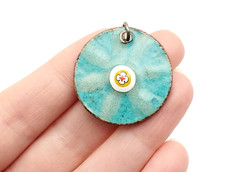 Vintage Colorful Enamel on Copper Double Sided Floral Blue Teal 1970s Pendant