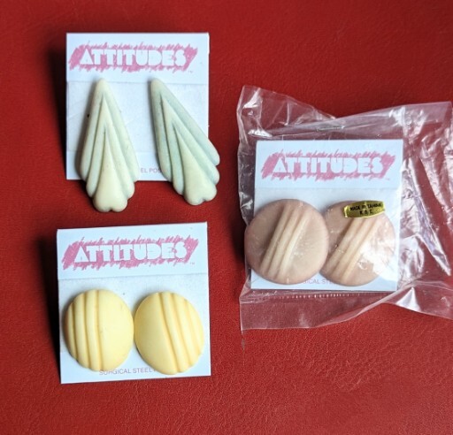 Lot of 3 Vintage 1980s ATTITUDES Pierced Pastel Earrings Yellow Pink Blue