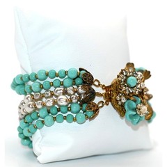 Vintage Signed Miriam Haskell Turquoise Bead Bracelet & Clip On Earrings Set