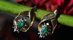 10k yellow gold 0.18c natural diamond earrings emerald dangle treated 1.95g 3219