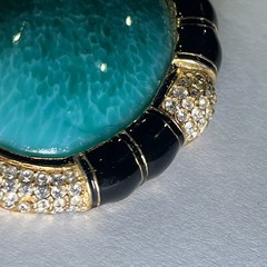 VTG Ciner Peking Green Glass Brooch Cabochon Gold Black Rhinestone, 2.25”x1.75”