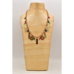 Vintage Tribal Charm Necklace Sun Tiki Mask Beaded Gold Heavy Chunky NOS BinA5