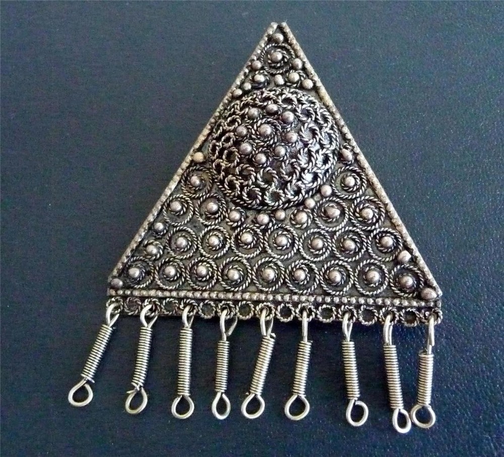 SILVER-935 PENDANT/BROOCH FROM ISRAEL-TRIANGLE SHAPE WITH DANGLES-VINTAGE