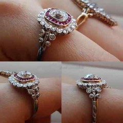 Red Ruby Baguette Cut Moissanite Halo Set Floral Inspire Edwardian Wedding Ring
