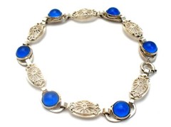 Sapphire Blue Glass Bracelet Sterling Silver 7.25″ Long Vintage Filigree Jewelry
