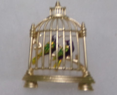 VINTAGE GOLDTONE BIRD CAGE BROOCH WITH 2 ENAMEL BIRDS