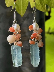 Aquamarine natural coral earrings with pearls