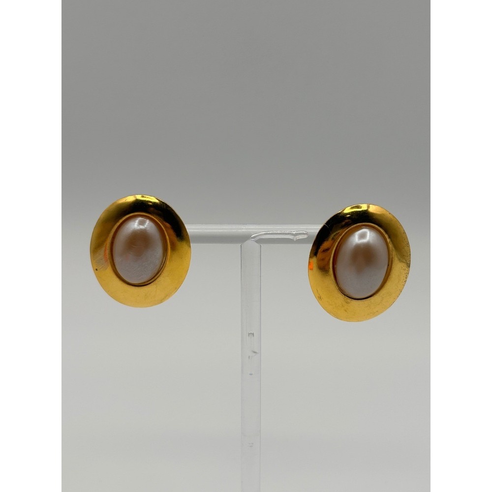 Vintage Gold Tone Oval Faux Pearl Stud Statement Earrings 1″ 80s Style
