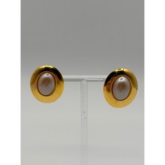 Vintage Gold Tone Oval Faux Pearl Stud Statement Earrings 1″ 80s Style