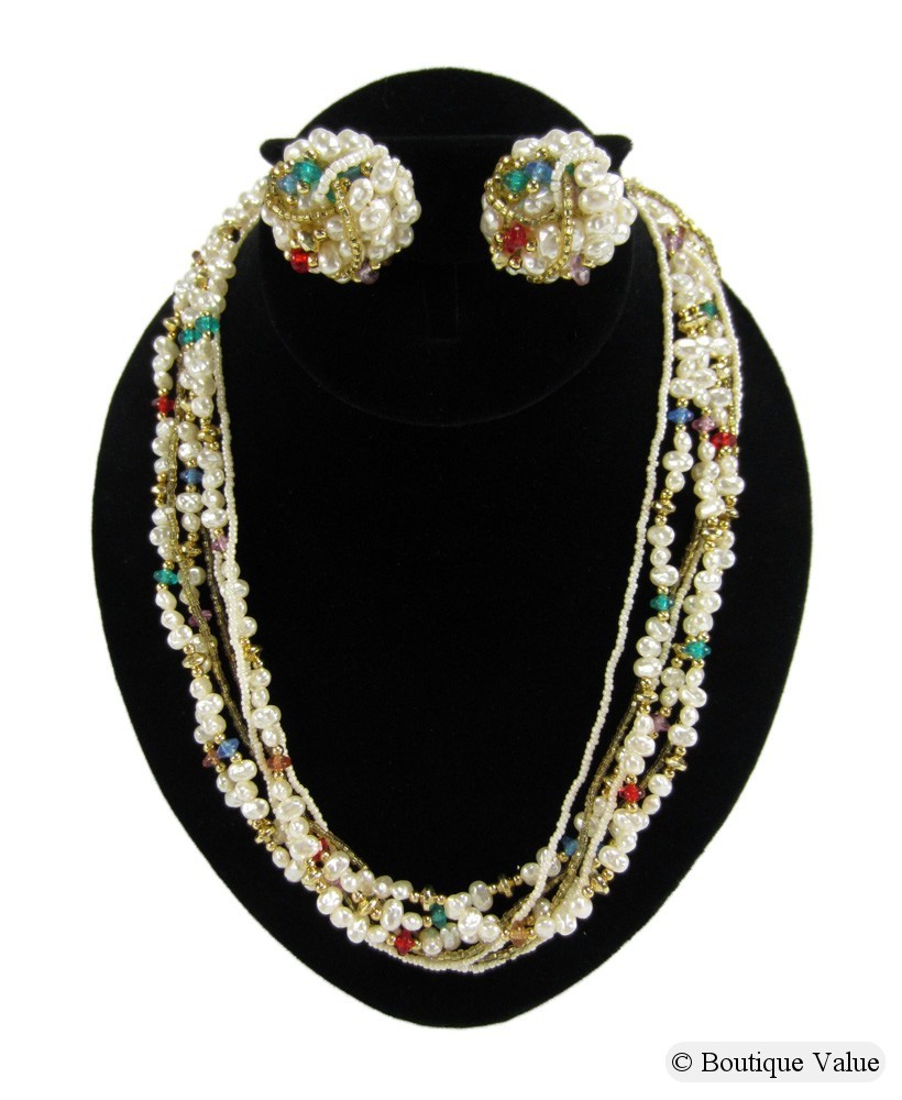 Vintage 7 Strand Faux Pearls Multicolor Lucite Beads Necklace Earrings Set